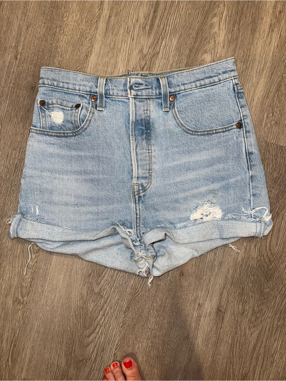 Levi's Light Blue “Ribcage Shorts” Distressed Roll-Hem Denim Shorts